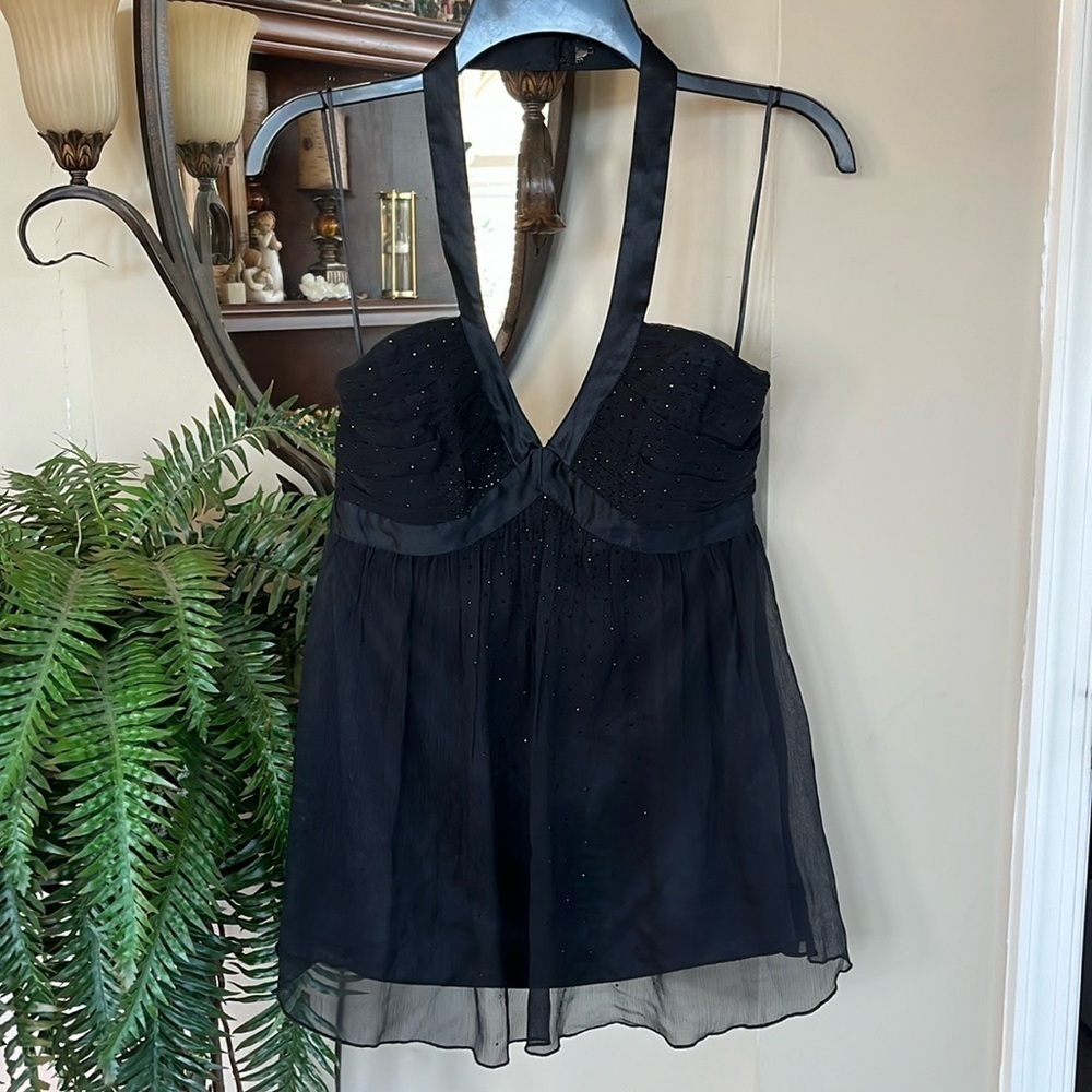 Brand New Express Silk Black V-Neck Swarovski Crystal Jeweled Party Top Dressy